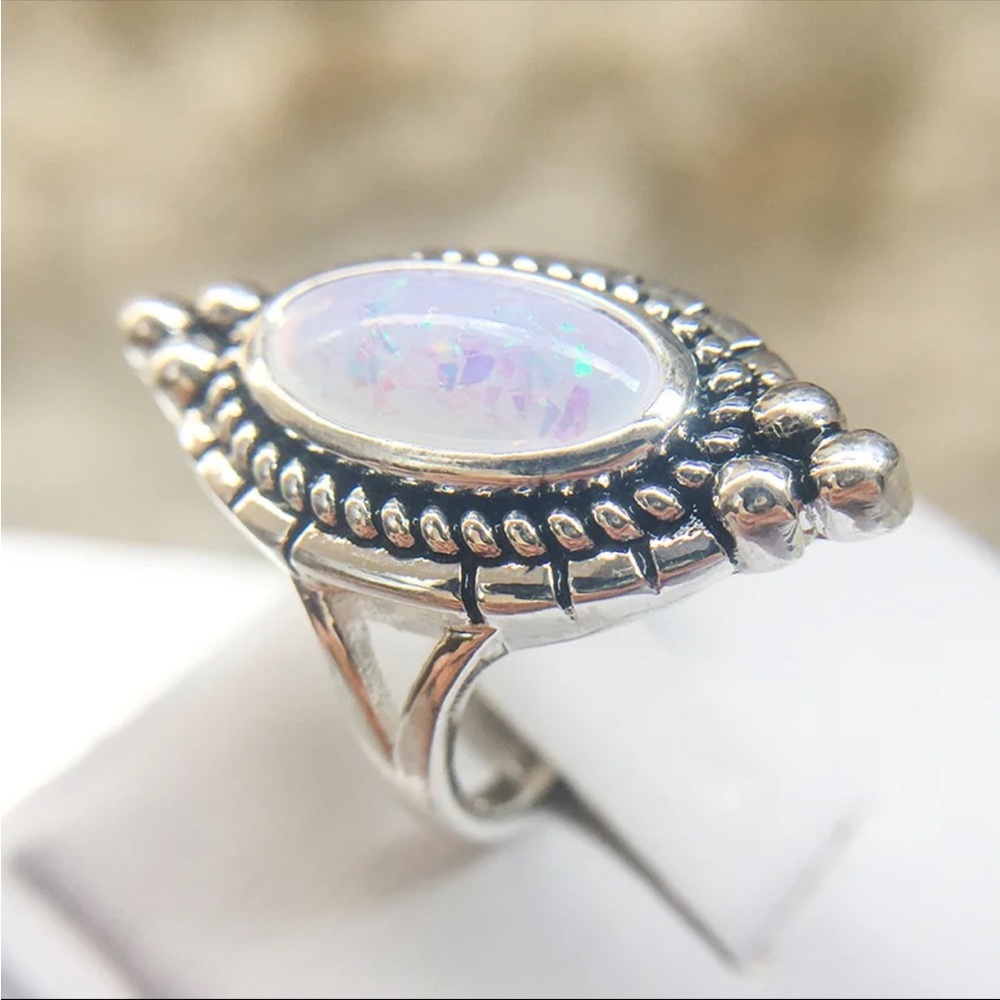 New Delicate Oval Ring White Gold Bohemian 925 Silver Retro Flower Opal Ring - Picture 3 of 8